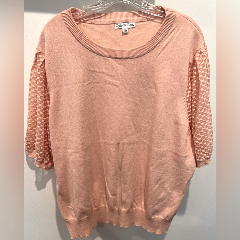 Pink Knit Top with Textured Lace Sleeves Size 3X